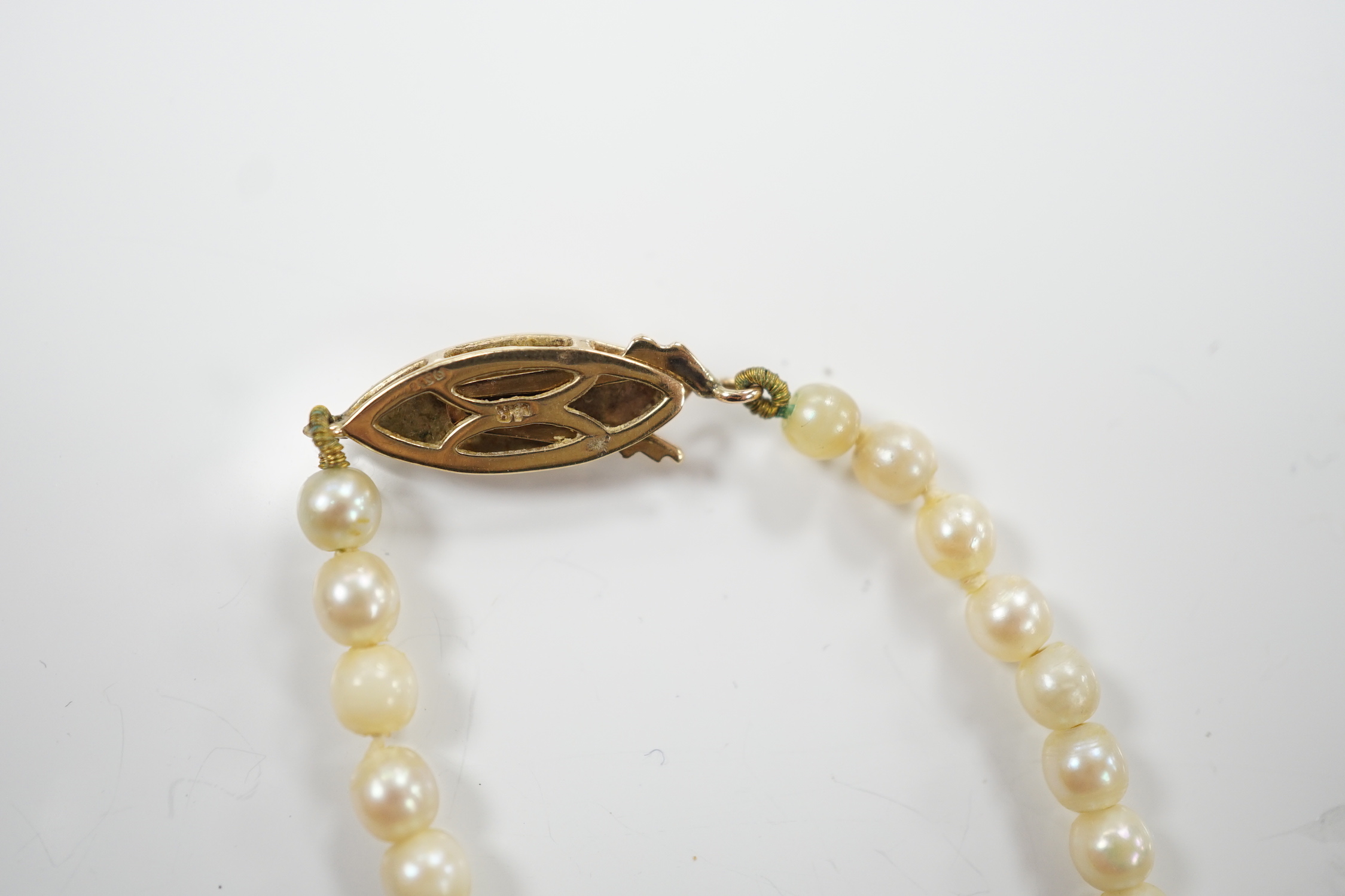 A single strand graduated cultured pearl necklace, with 9ct gold and cultured pearl set clasp, 40cm.